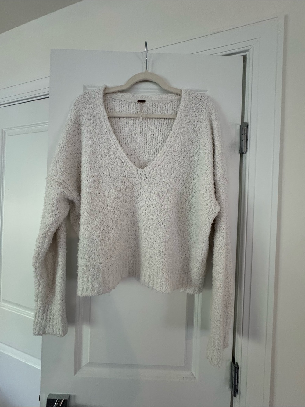Free People Cream V-Neck Textured Knit Sweater